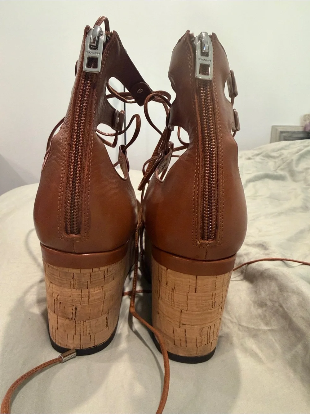 Coach Brown Lace-Up Cork Wedge Sandals